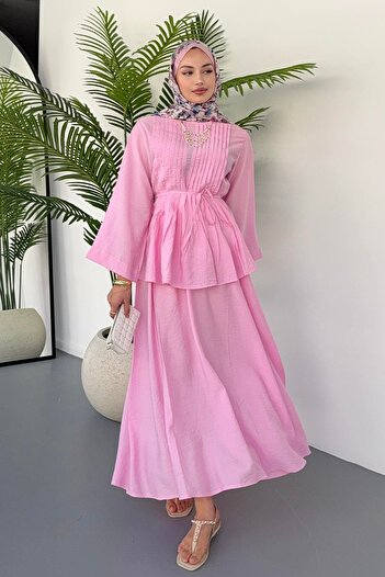 Hatun Atila Ribbed Lace Detailed Blouse and Flowing Skirt Two-Piece Set 8043 - Pink