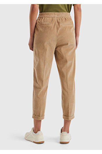 United Colors of Benetton Women's Brown Velvet Trousers with Elastic Waist