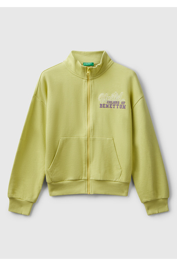 United Colors of Benetton Girl's mustard front logo embroidered zippered stand collar sweatshirt with pockets