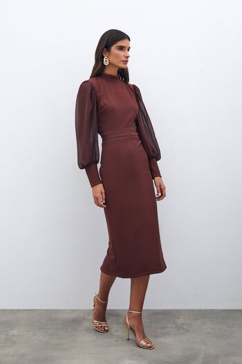 Sateen Καφέ Midi Pencil Φούστα