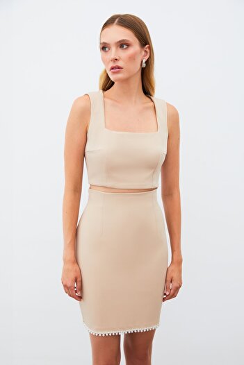 Sateen Square Neck Crop Blouse - Camel