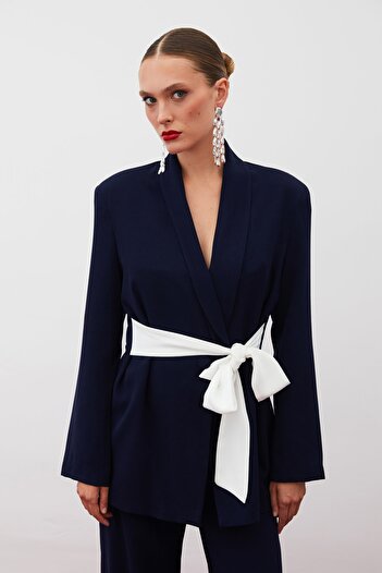 Sateen Long Waist Belted Jacket - Dark Blue
