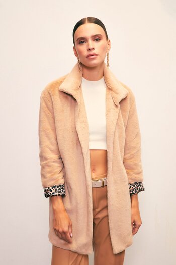 Sateen Leopard Lined Plush Coat - Mink