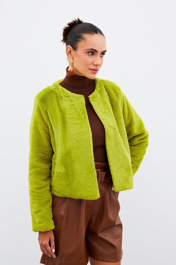 Sateen Green Collarless Plush Jacket