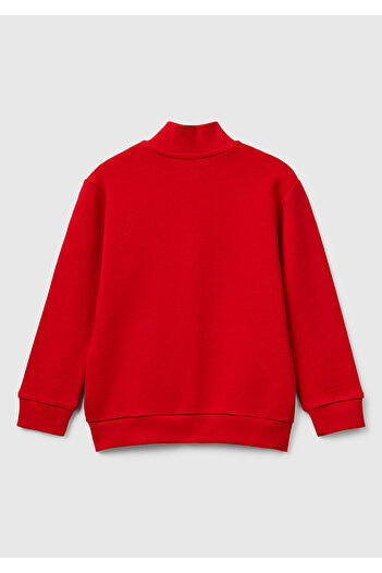 United Colors of Benetton Boy's Red Logo Detailed Front Zippered Ribbed Sweatshirt