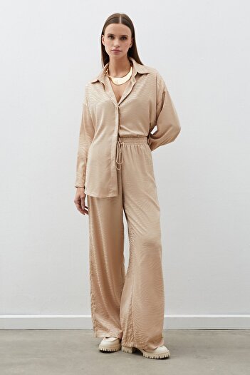 Sateen Zebra Patterned Casual Trousers - Beige