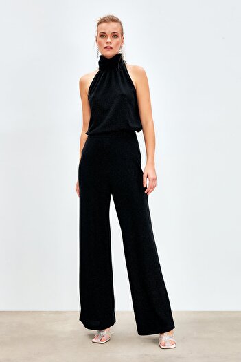 Sateen Silvery Wide Leg Trousers - Black