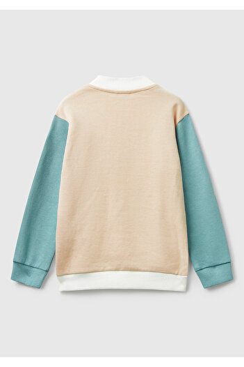 United Colors of Benetton Girl's Pink-White Glitter Logo Printed Zippered Ribbed Regular Fit Sweatshirt