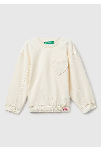 United Colors of Benetton Girl's ecru stitch detailed heart patch pocket regular fit sweatshirt