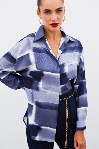 Sateen Dark Blue Patterned Long Shirt