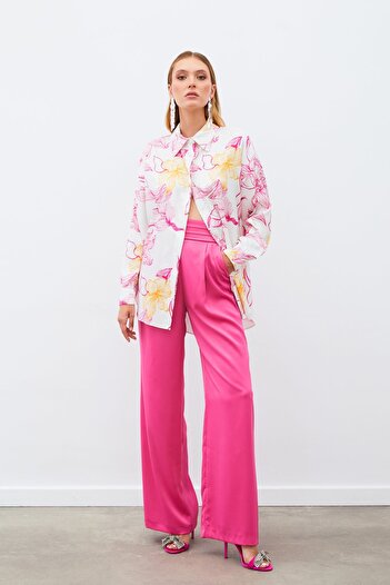 Sateen Colorful Patterned Casual Shirt - Fuchsia
