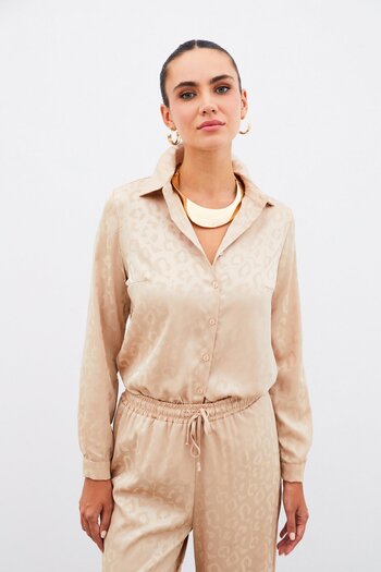 Sateen Patterned Satin Shirt - Camel
