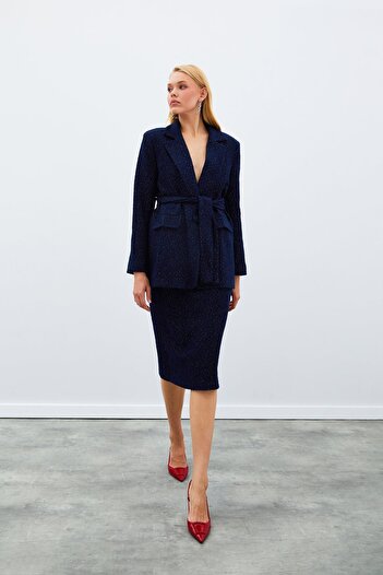 Sateen Dark Blue Tweed Belted Jacket