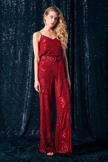 Sateen Παντελόνι Sequin με ζώνη - Κόκκινο