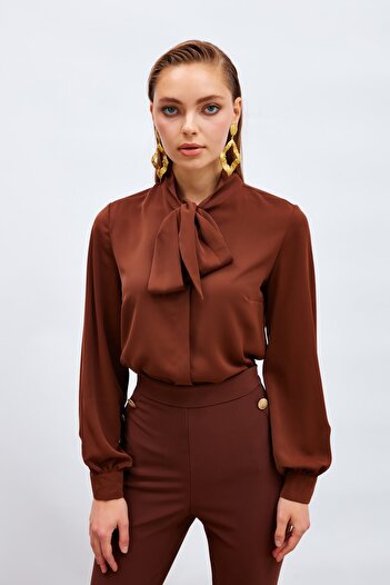 Sateen Tie-Up Collar Brown Plain Shirt