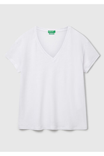 United Colors of Benetton Women's White 100% Linen Off Shoulder Relax Fit V-Neck T-Shirt