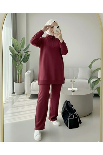 Modamorfo Half Zipper High Neck Combed Cotton Suit - Burgundy