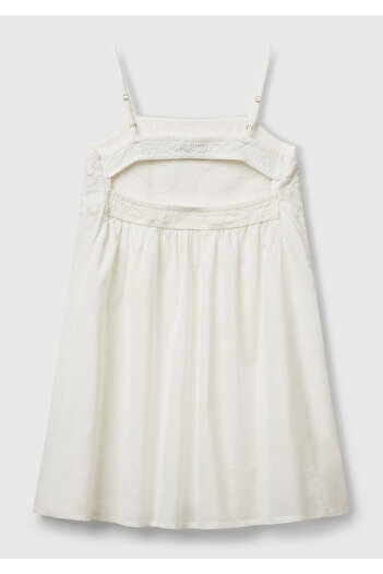 United Colors of Benetton Girl's White Dress with Embroidery Detail on Top and Pleated Adjustable Shoulder Straps