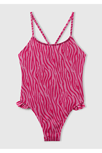 United Colors of Benetton Girl's Fuchsia Glitter Patterned Ruffle Detailed Cross Strap Swimsuit