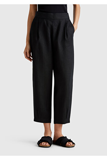 United Colors of Benetton Women's Black 100% Linen Elastic Back Waist Tight Leg Relax Fit Trousers
