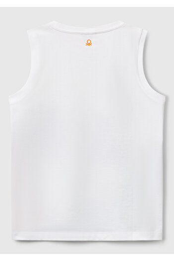 United Colors of Benetton Boy's White Mix Sleeveless Undershirt with Printed Front and Logo Detail on the Back Collar