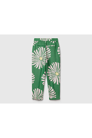 United Colors of Benetton Women's Green 100% Linen Patterned Elastic Waist Trousers
