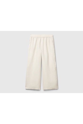 United Colors of Benetton Women's Stone Color 100% Linen Loose Short Leg Trousers with Elastic Waist
