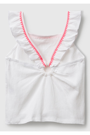 United Colors of Benetton Girl's White Back Ring Detailed Logo Cross Strap Round Neck Tank Top