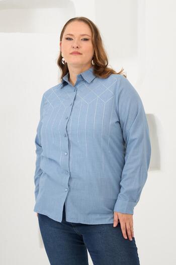 RMG Front Stone Detailed Plus Size Shirt Blue