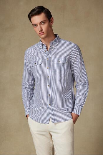 Abbate Alba Linen Cotton Linen Blended Comfort Fit Navy Blue Button Collar Men's Striped Shirt