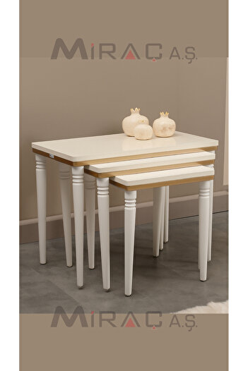 miraç furniture LALE SERİSİ ÇİFT KAT MDF 1.SINIF 3 LÜ ZİGON SEHPA TAKIMI KREM YALDIZ
