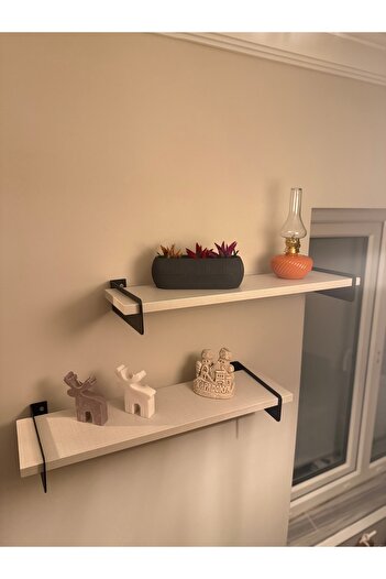 İda Wooden Alto Trend Gray Metal Leg Wall Shelf - Iron Leg Wall Bookshelf 2 Pieces