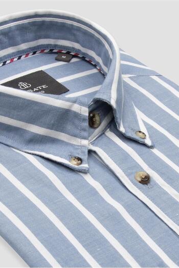 Abbate Alba Linen Cotton Linen Blended Comfort Fit Dark Blue Button Collar Men's Striped Shirt