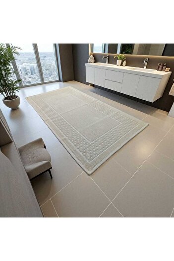 NikAr Home Cotton Non-Slip Base Rectangular Bath Mat 80X150 Cm, Cotton Woven Bathroom Carpet