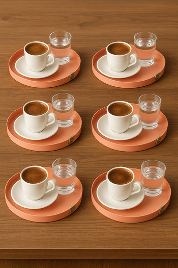 hemlife 6-Piece 25 cm Metal Round Tea, Coffee, Serving Tray with Leather Handles Decorative Presentation Tray