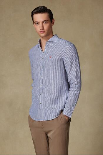 Abbate Sorento Linen Linen Comfort Fit Navy Blue Button Collar Men's Striped Shirt
