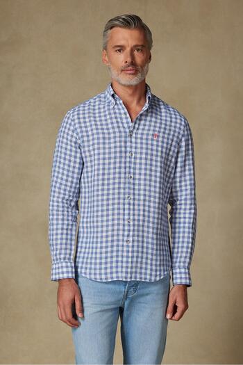 Abbate Sorento Linen Linen Comfort Fit Dark Blue Button Collar Men's Checkered Shirt