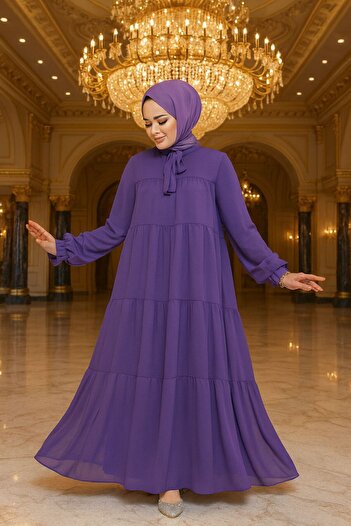 Neva Style Dark Lilac Hijab Pleated Chiffon Dress - 23601Klila