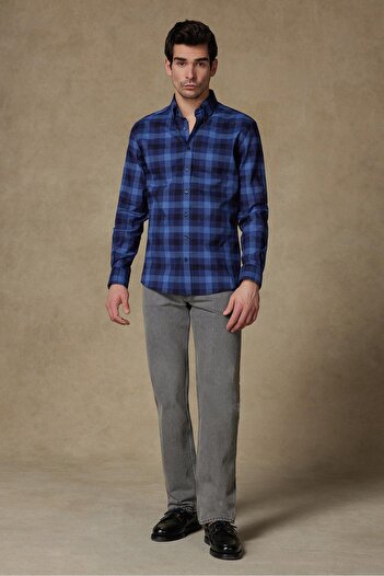 Abbate Ανδρικό καρό πουκάμισο Luca Twill Cotton Comfort Fit Navy Blue με κουμπιά και γιακά