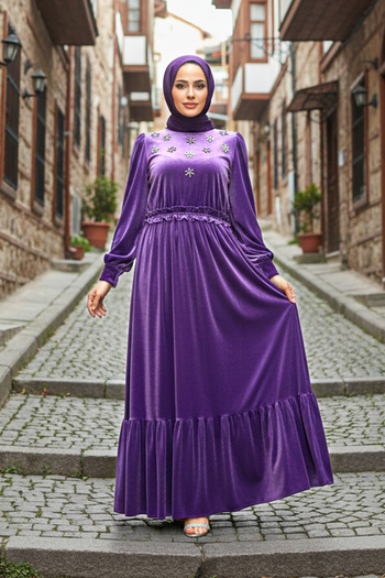 Neva Style Flower Detailed Dark Lilac Hijab Velvet Dress 3713Klıla