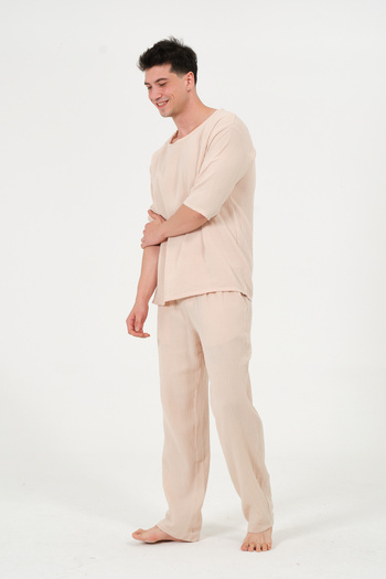 RELAXL %100 Pamuk Baggy Alt Oversize Üst Bej Müslin Pijama Takımı