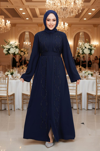 Neva Style Beaded Navy Blue Hijab Abaya 29117L