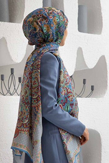 Vissona 100% silk etro patterned baby blue - emerald green colored shawl