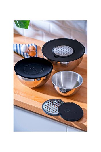 DMR LİFE 9 Piece Stainless Steel Grater Mixing and Storage Container Black (16-20-24 cm) 18/10