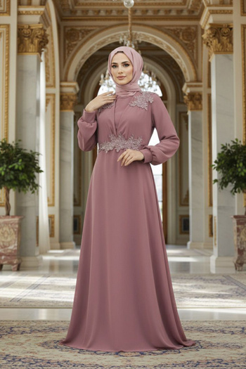 Neva Style Dusty Rose Hijab Evening Dress with Bead Detail 22113Gk
