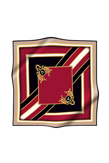 Vissona 100% Twill Silk Baroque and Geometric Patterned Burgundy - Beige Colored 90X90 Scarf Sewing Shape: Hand Sewing