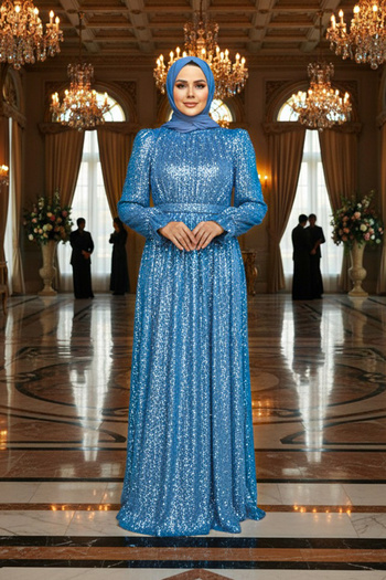 Neva Style Βραδινό φόρεμα με παγιέτες Indigo Blue Hijab 44961ım