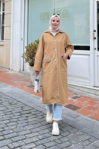 Neva Style Buttoned Biscuit Hijab Trench Coat 9206Bs
