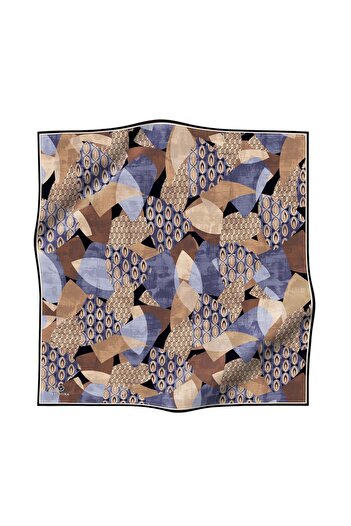 Vissona 100% Twill Silk Geometric Pattern Gray - Milky Brown Colored 90X90 Scarf Scarf Edge Stitching Shape Hand Di