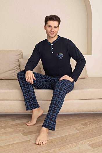 Mine style Combed Men's Pajama Top Navy Blue Bottom Plaid Pajama Set